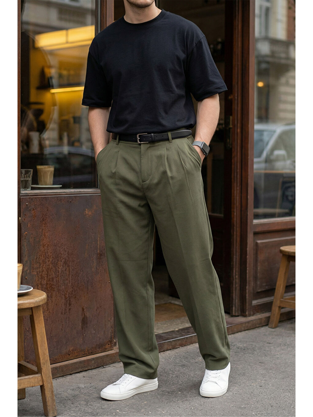 Yeşil Erkek Kumaş Baggy Kalıp Pileli Pantolon-5