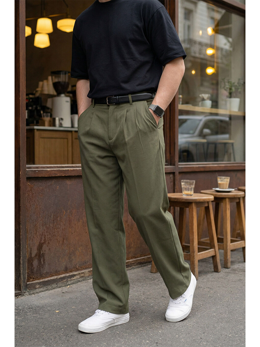 Yeşil Erkek Kumaş Baggy Kalıp Pileli Pantolon-6