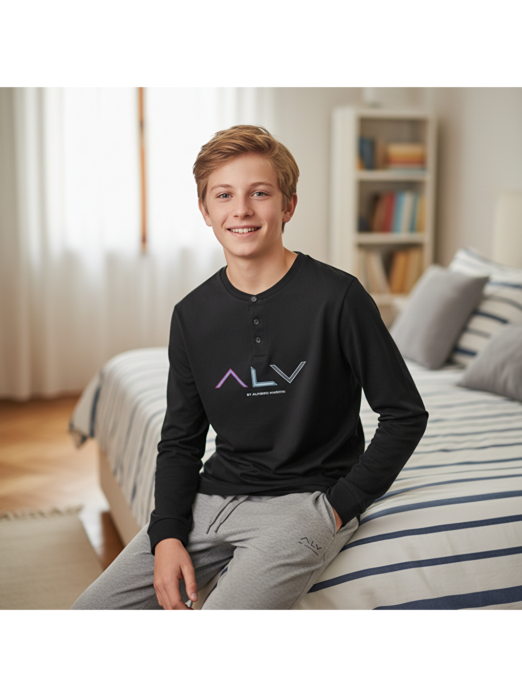 Genç Erkek Pamuklu Siyah Renk Pijama Takımı Al009 V2 Bb2441-3