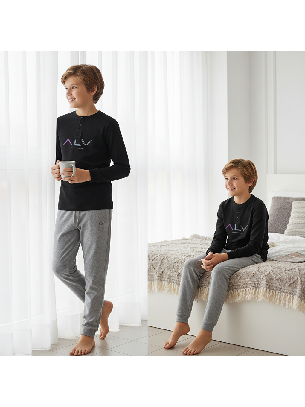 Genç Erkek Pamuklu Siyah Renk Pijama Takımı Al009 V2 Bb2441-4