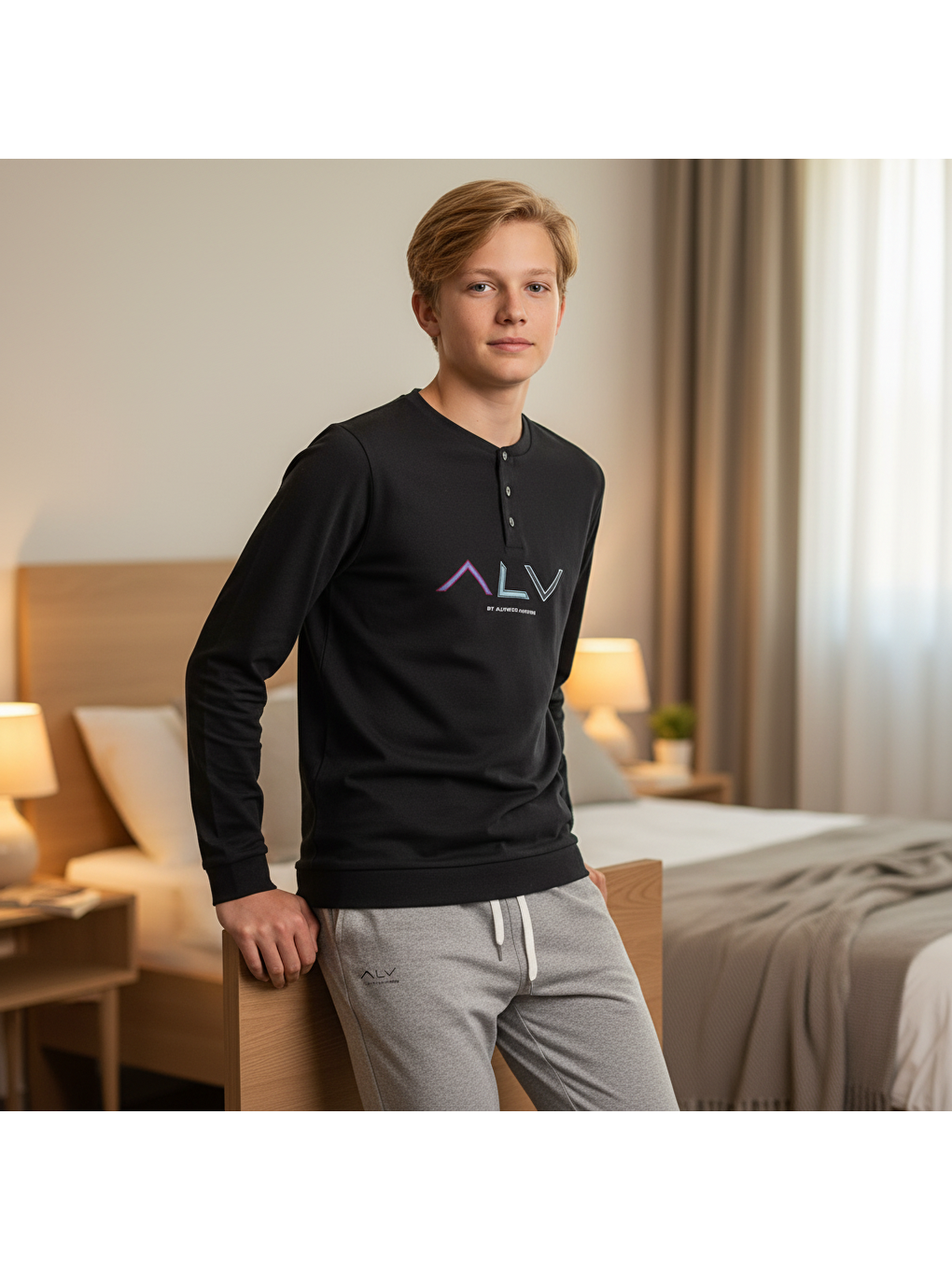 Genç Erkek Pamuklu Siyah Renk Pijama Takımı Al009 V2 Bb2441-5