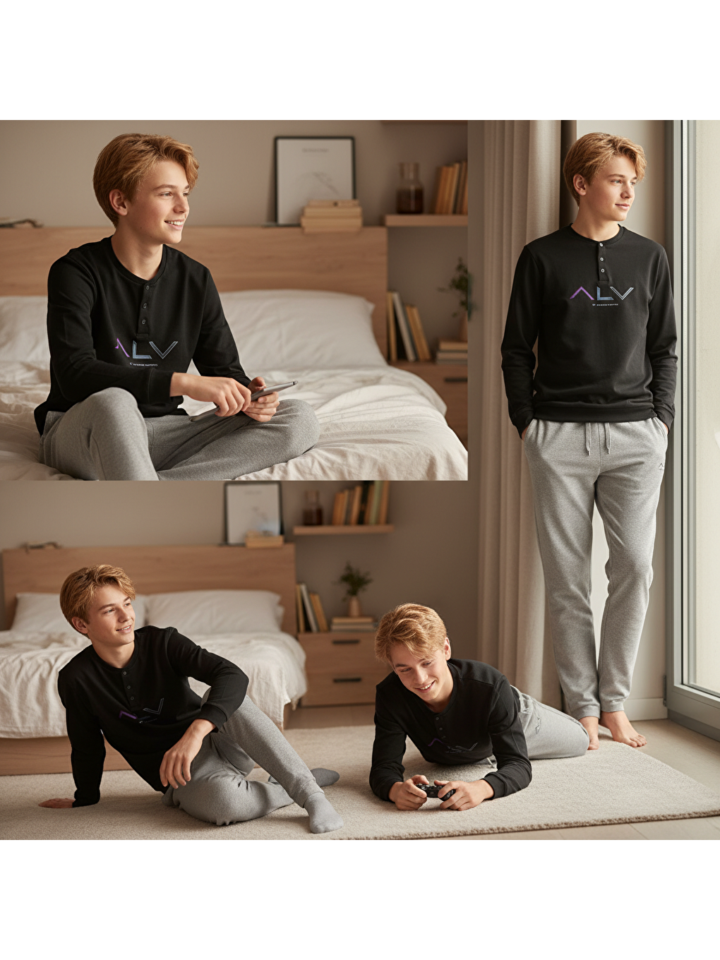 Genç Erkek Pamuklu Siyah Renk Pijama Takımı Al009 V2 Bb2441-6