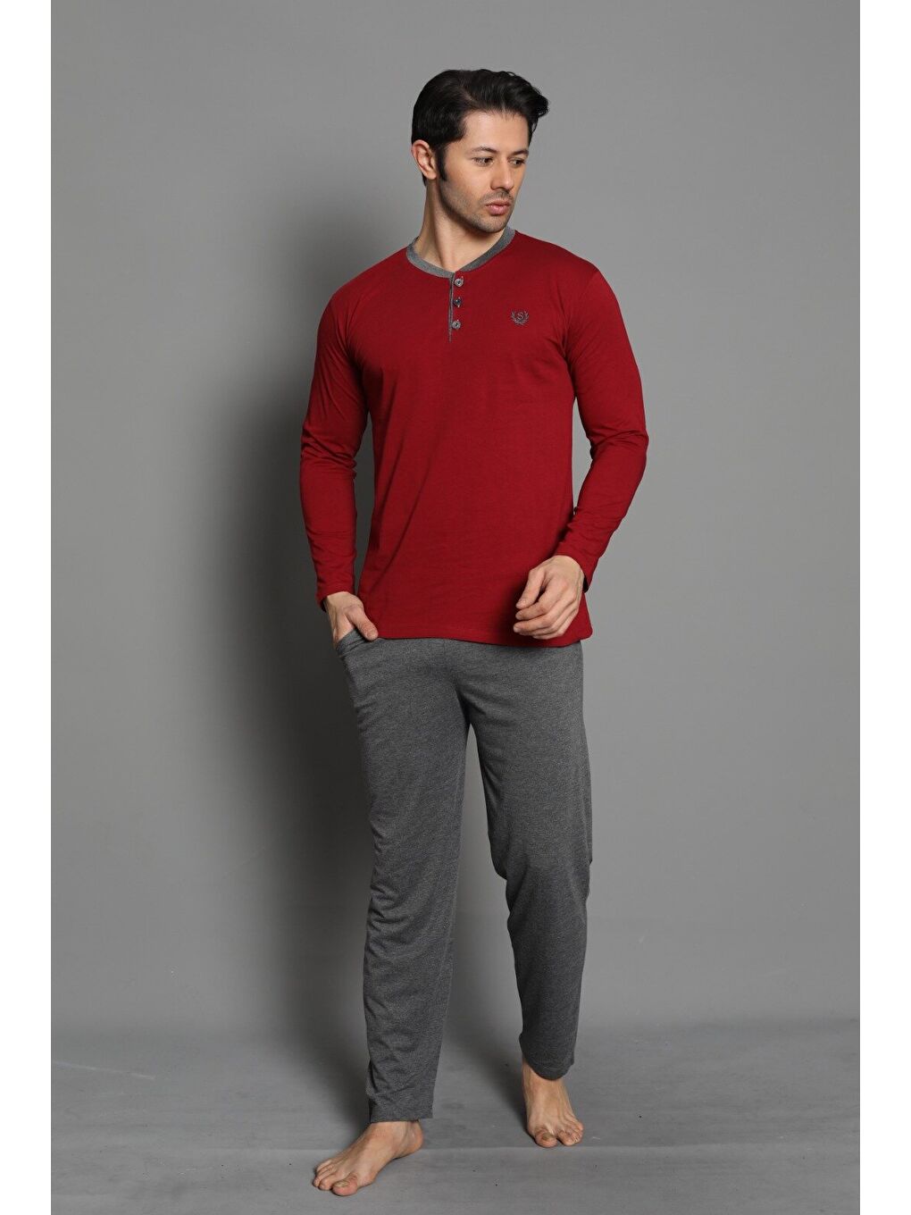 Bordo Erkek %100 Doğal Pamuk Uzun Kollu Düğmeli Yüksek Kaliteli Pijama Takımı-1