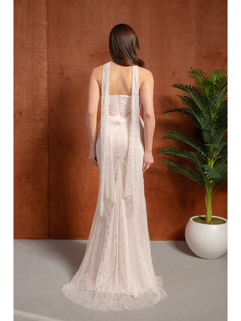 Pembe Kadın Pudra Straplez Yırtmaçlı Dantel Detay Uzun Abiye Elbise-5