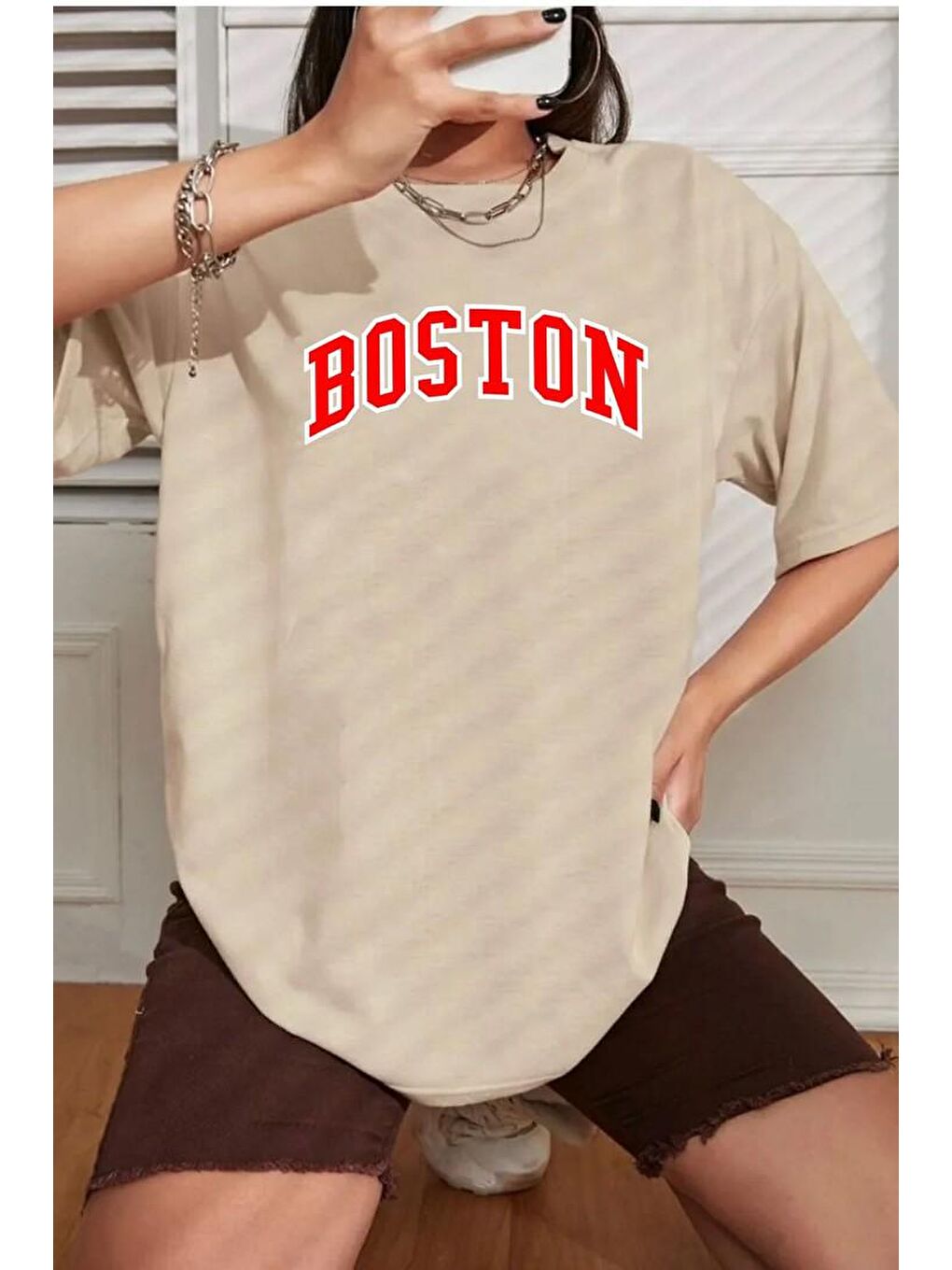 uyguntarz Bej Unisex Boston Baskılı T-shirt