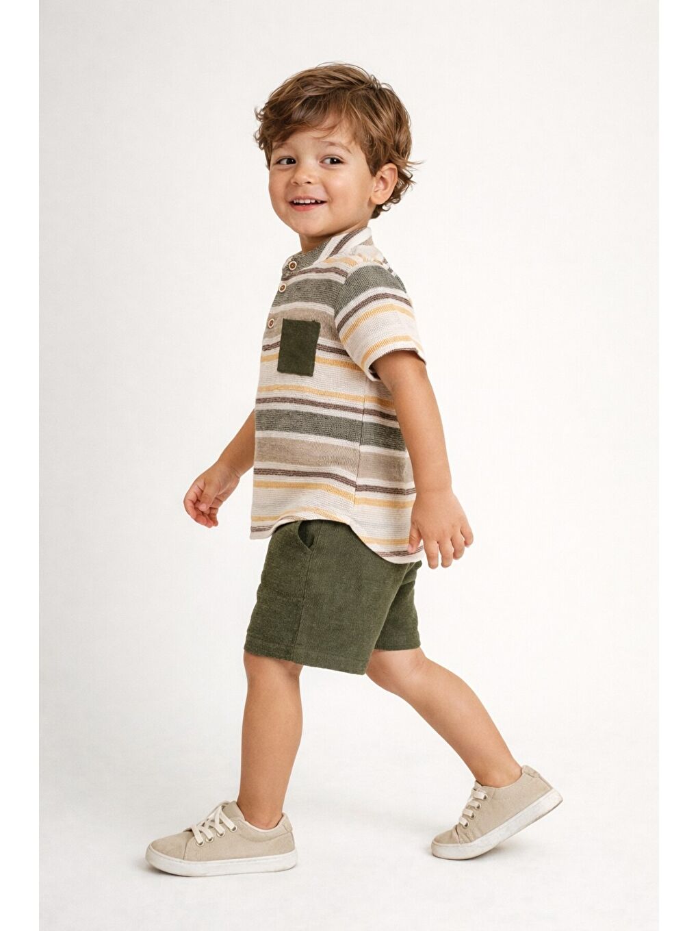 Haki Tarz Gömlek Çizgi Desenli Belden Ayarlanabilir Kısa Kollu Şortlu 2'li Takım-1