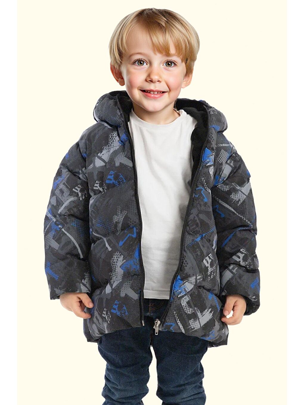 Mavi Erkek Çocuk Dijital Desen Polar Su Ve Rüzgar Geçirmez Kapüşonlu Şişme Kışlık Mont