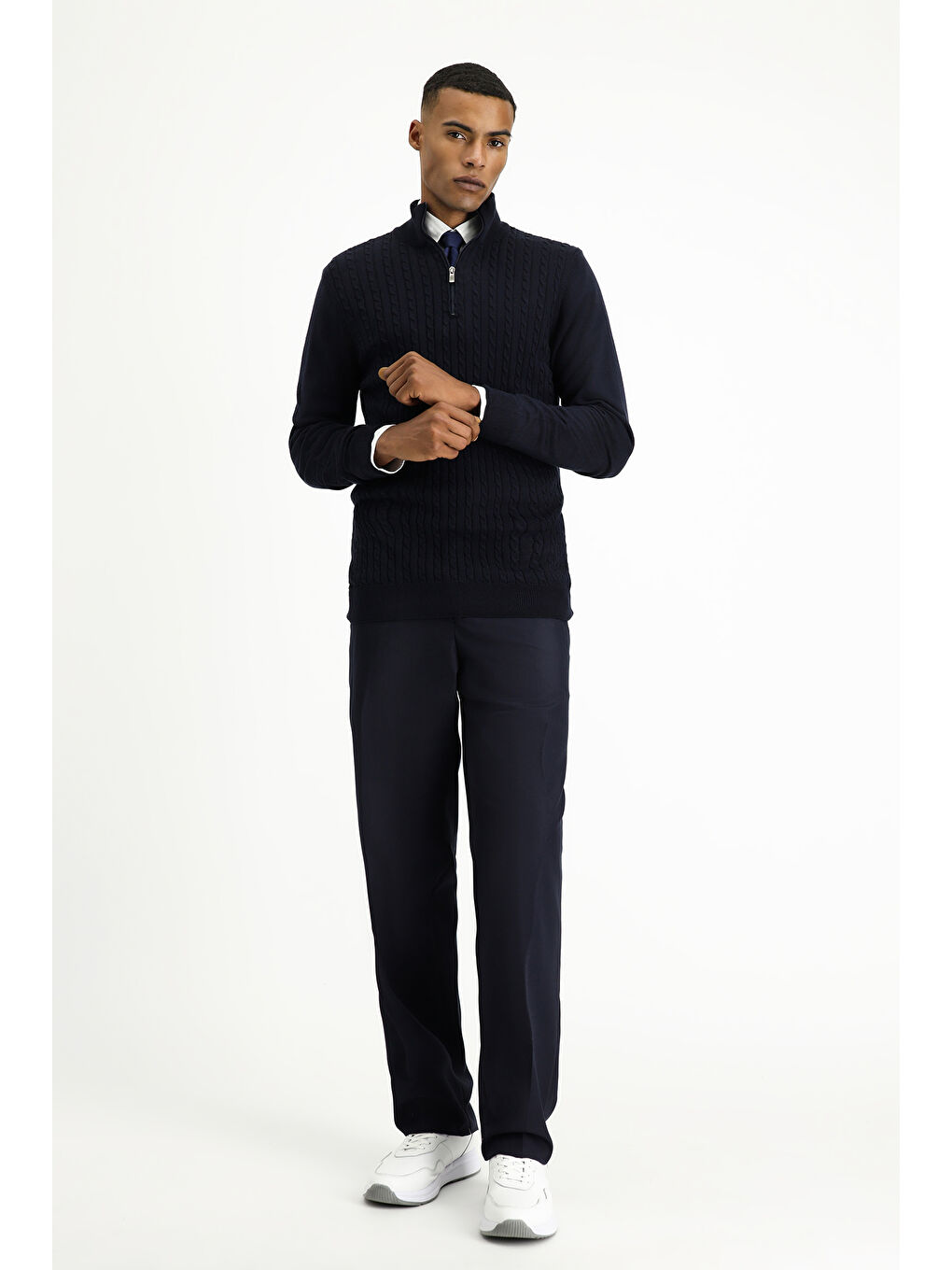 Lacivert Bato Yaka Regular Fit Fermuarlı Desenli Pamuklu Triko Büyük Beden Kazak-2