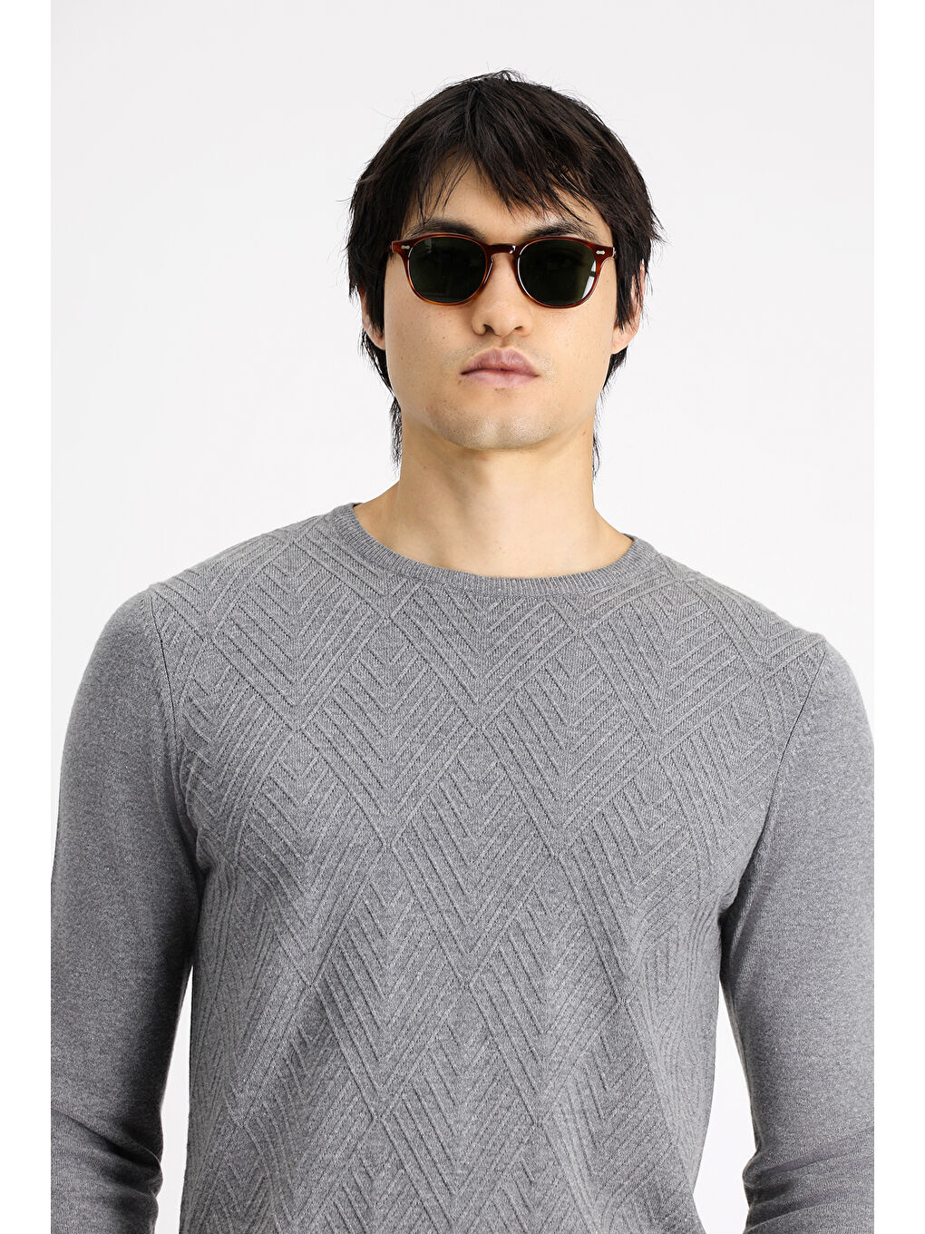 Gri Bisiklet Yaka Slim Fit Dar Kesim Desenli Pamuklu Triko Büyük Beden Kazak-1