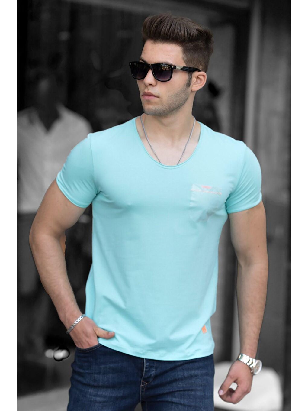 Turkuaz Cep Detaylı Erkek Tişört 9303