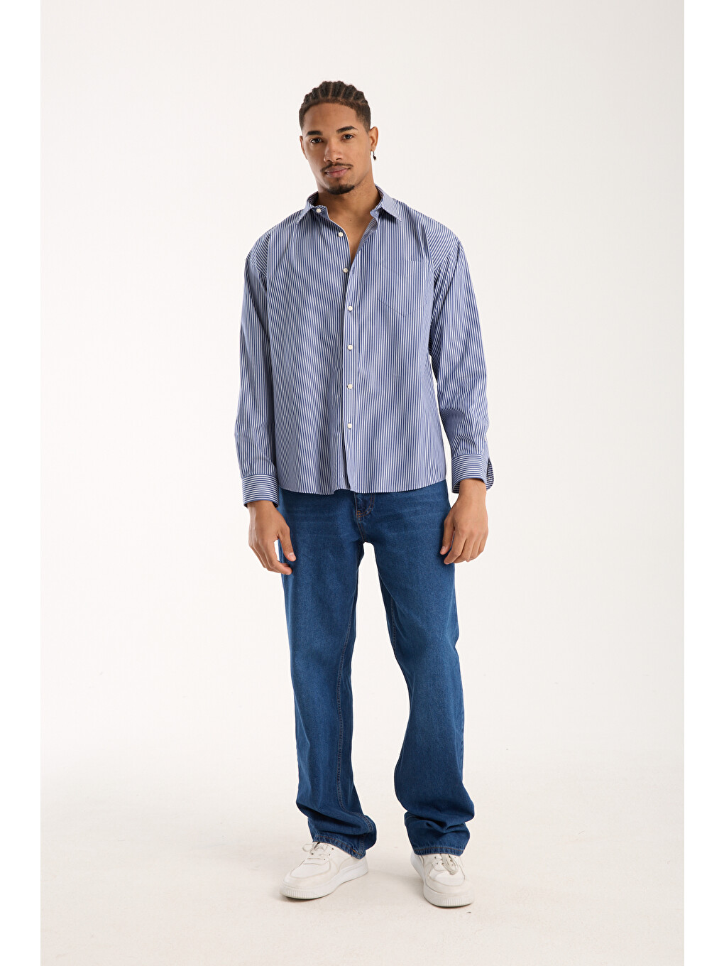 Rio Twill Pamuklu Oversize Fit Lacivert Klasik Yaka Erkek Çizgili Gömlek-2