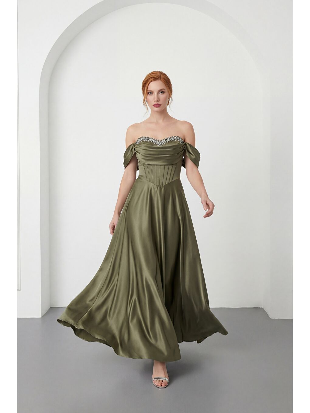 Kadın Haki Kayık Yaka Taşlı Uzun Söz Nişan Nikah Abiye Elbise