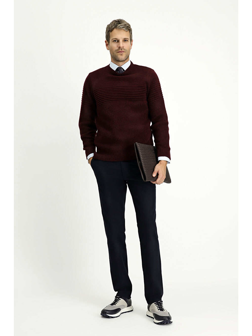 Mürdüm Bisiklet Yaka Regular Fit Çizgili Triko Büyük Beden Kazak