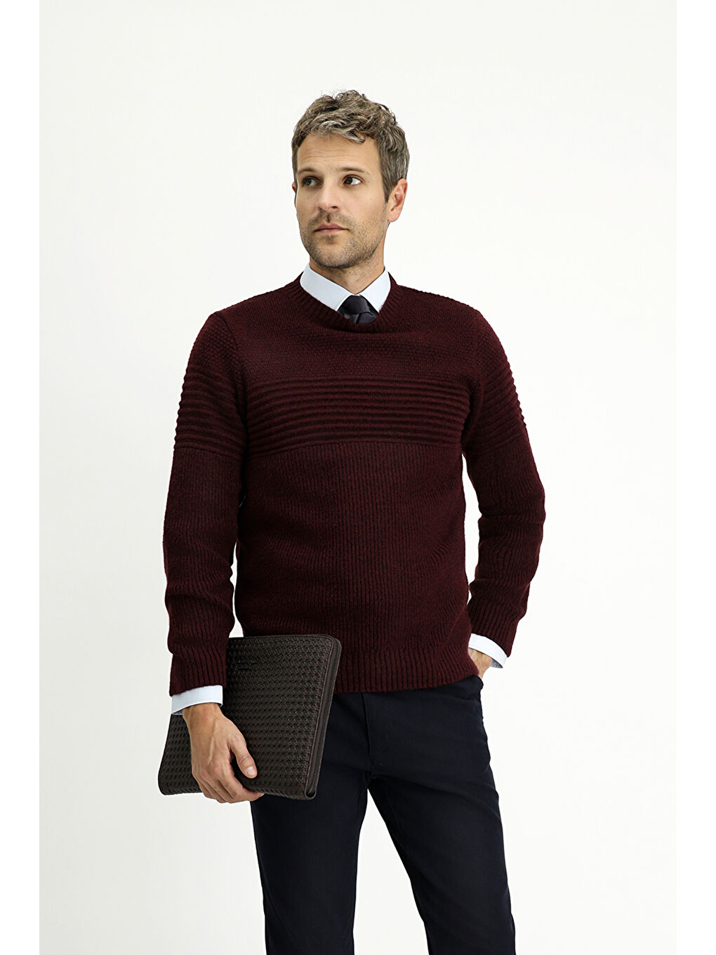 Mürdüm Bisiklet Yaka Regular Fit Çizgili Triko Büyük Beden Kazak-1