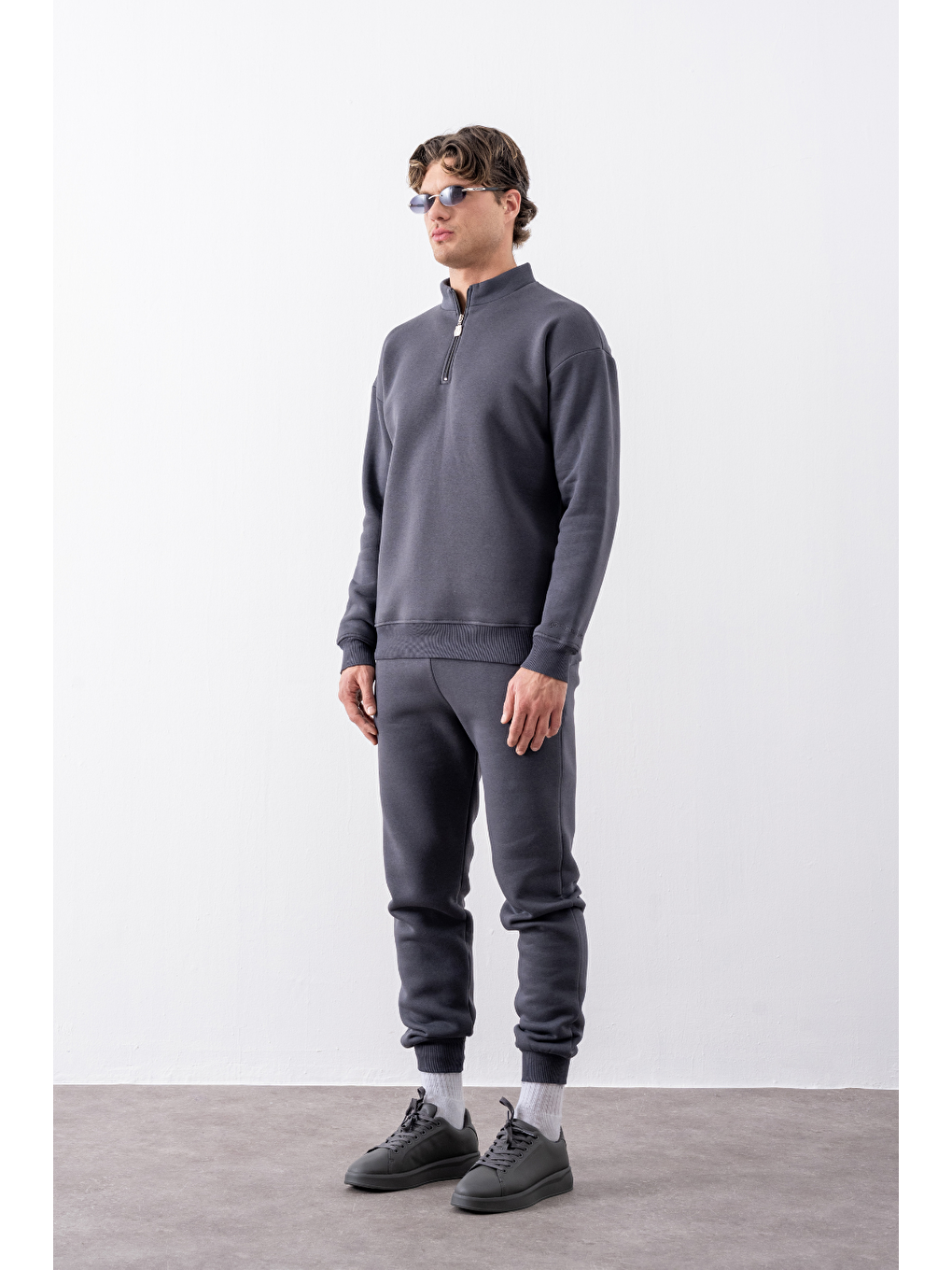 Erkek Antrasit Fermuarlı Oversize Sweatshirt-1