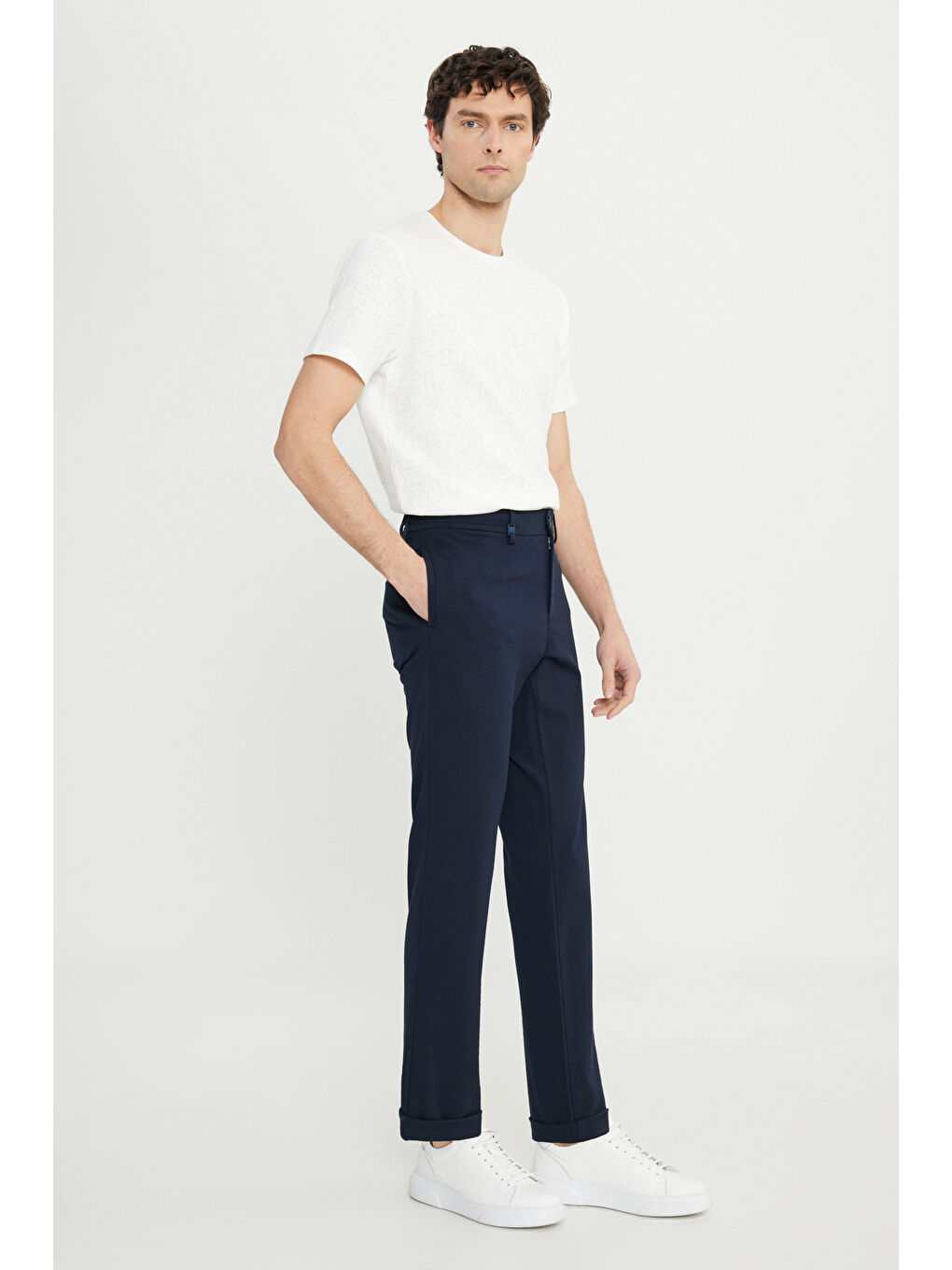Erkek Lacivert Pamuklu Dar Kesim Beli Bağlamalı Yan Cepli Esnek Pantolon-1