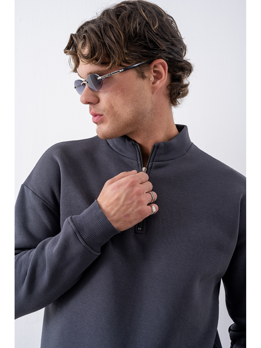 Erkek Antrasit Fermuarlı Oversize Sweatshirt-2