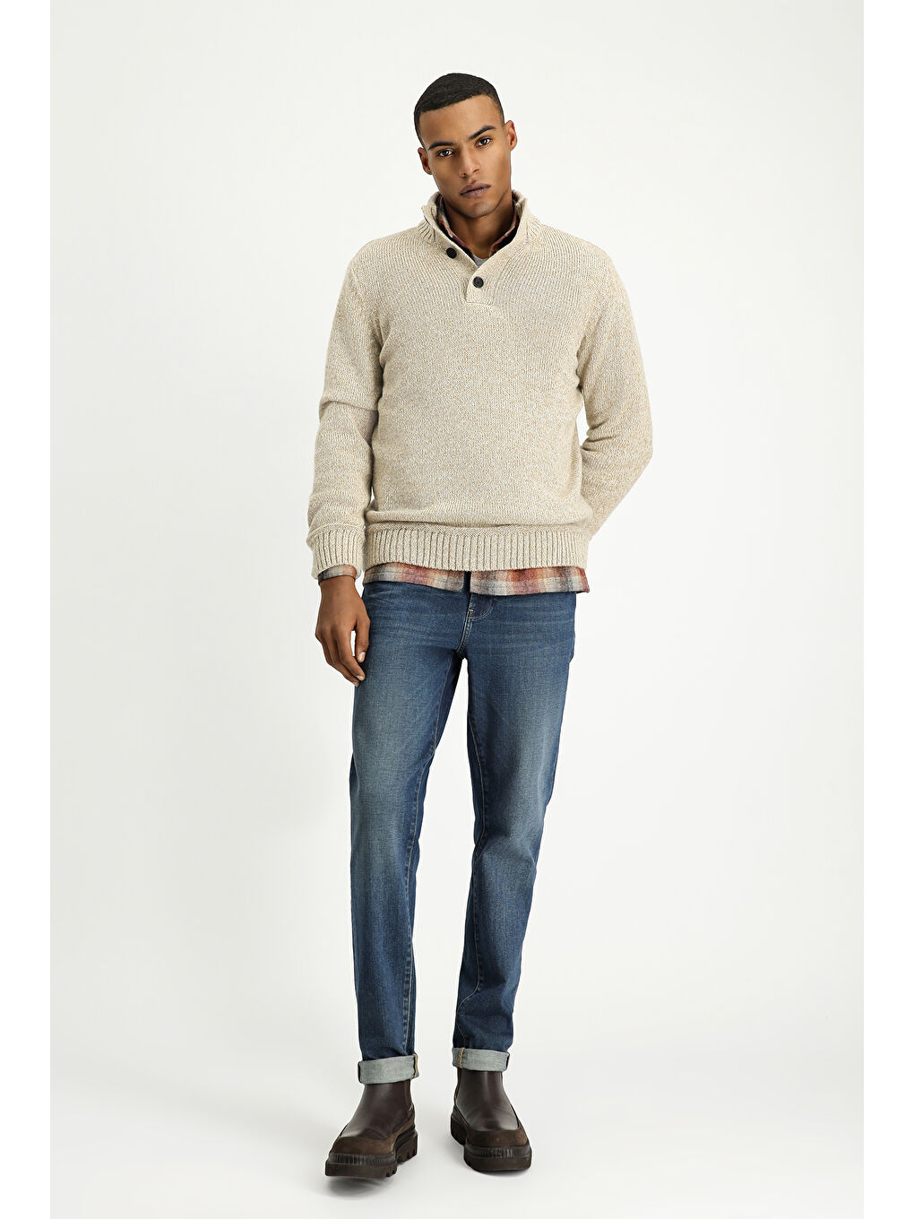 Bej Bato Yaka Regular Fit Desenli Alpaka Yünlü Triko Büyük Beden Kazak-1