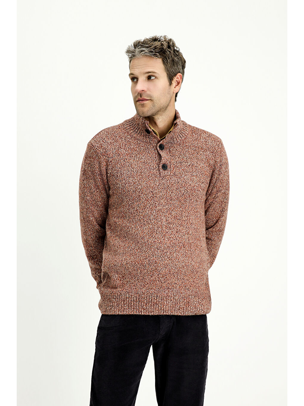 Kahverengi Bato Yaka Regular Fit Desenli Alpaka Yünlü Triko Büyük Beden Kazak-1