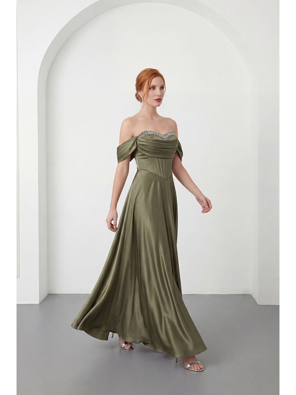 Kadın Haki Kayık Yaka Taşlı Uzun Söz Nişan Nikah Abiye Elbise-1