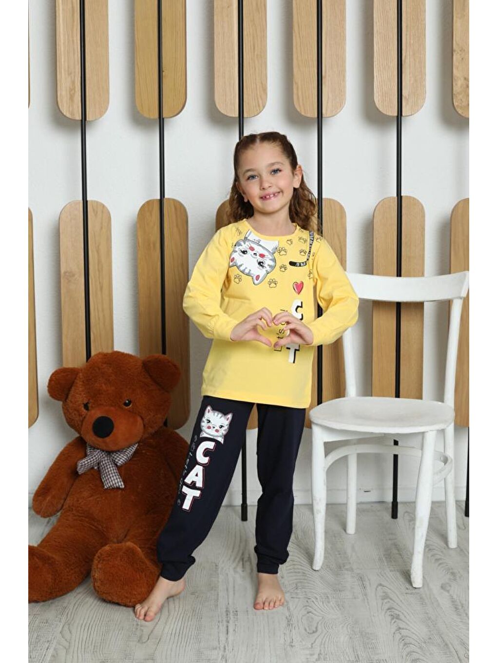 angelos Sarı Kız Çocuk Kedi Baskılı Pijama Takımı 3-11 Yaş 6053-54