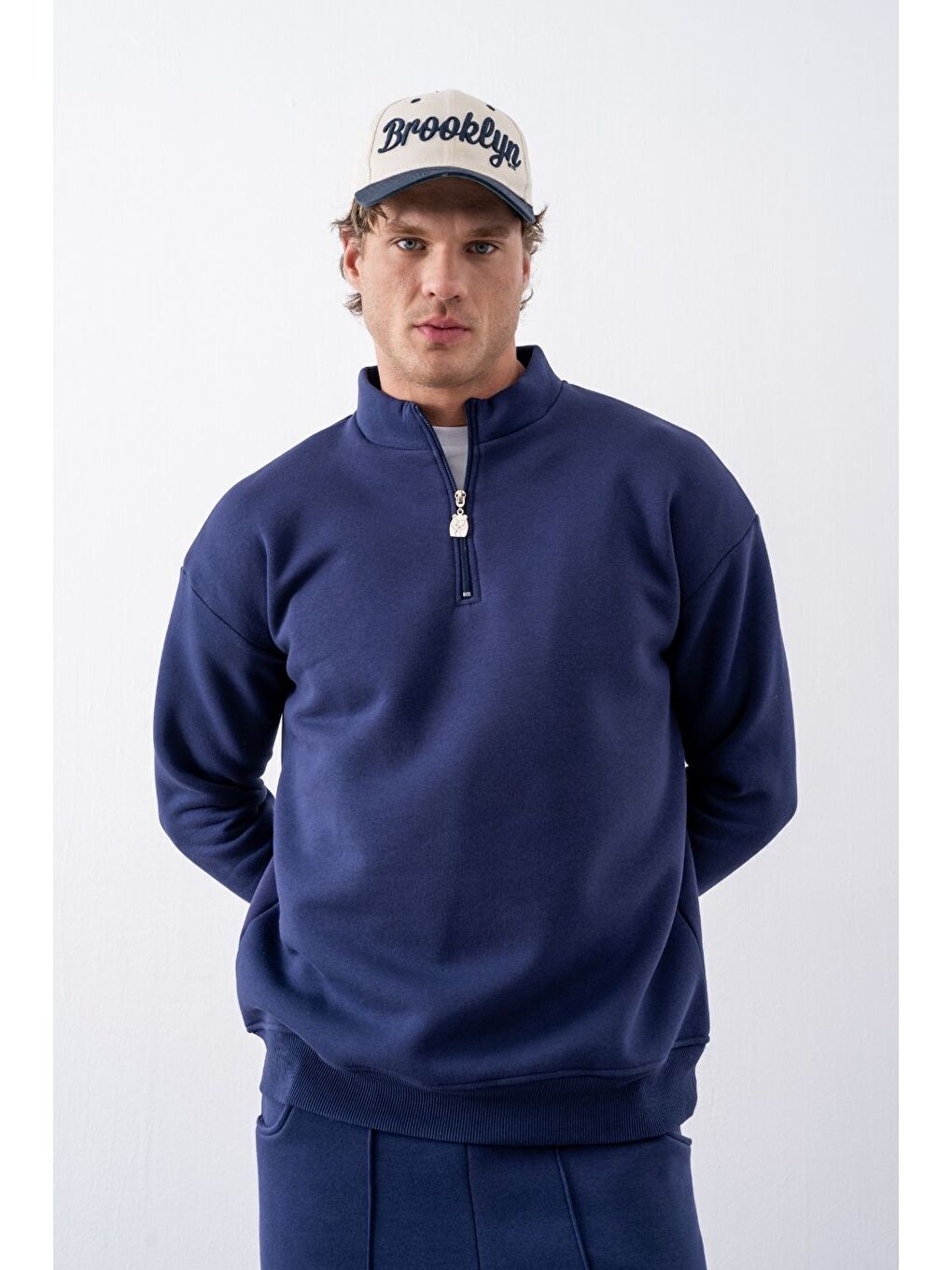 Erkek Lacivert Fermuarlı Oversize Sweatshirt