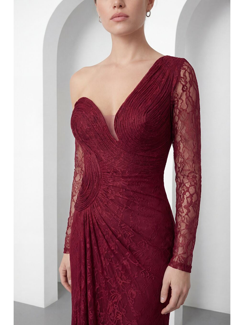 Kadın Bordo Göğüs Detaylı Uzun Dantel Abiye Elbise-2