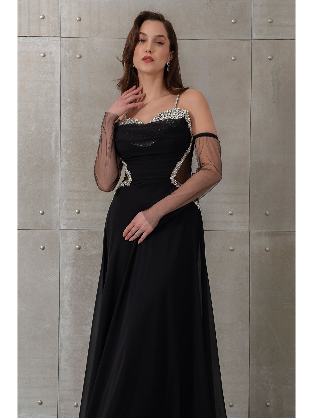 Kadın Siyah Taşlı Şifon Uzun Abiye Elbise-2