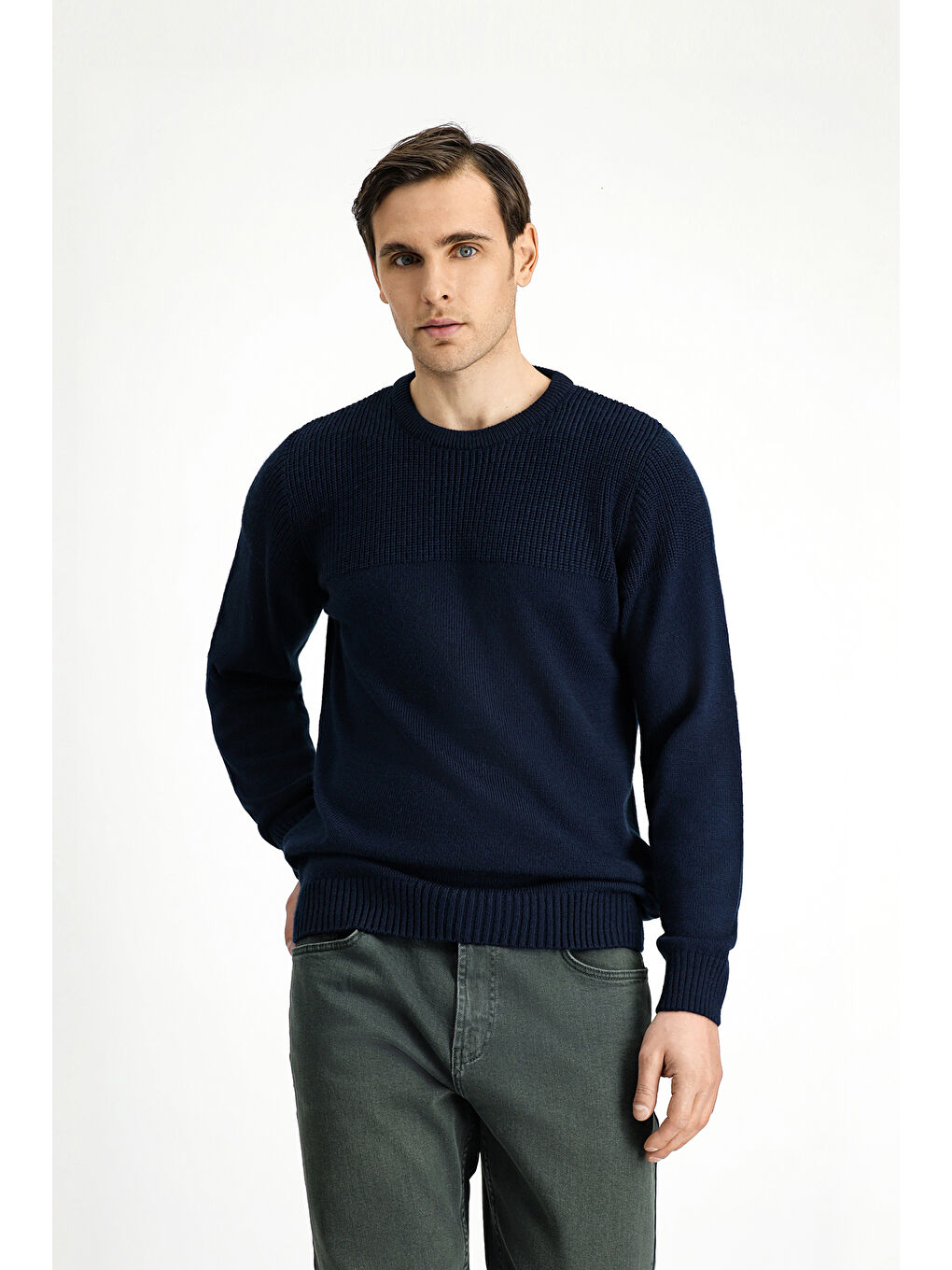 Lacivert Bisiklet Yaka Regular Fit Desenli Triko Büyük Beden Kazak