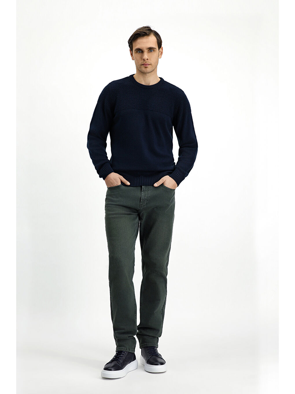 Lacivert Bisiklet Yaka Regular Fit Desenli Triko Büyük Beden Kazak-1