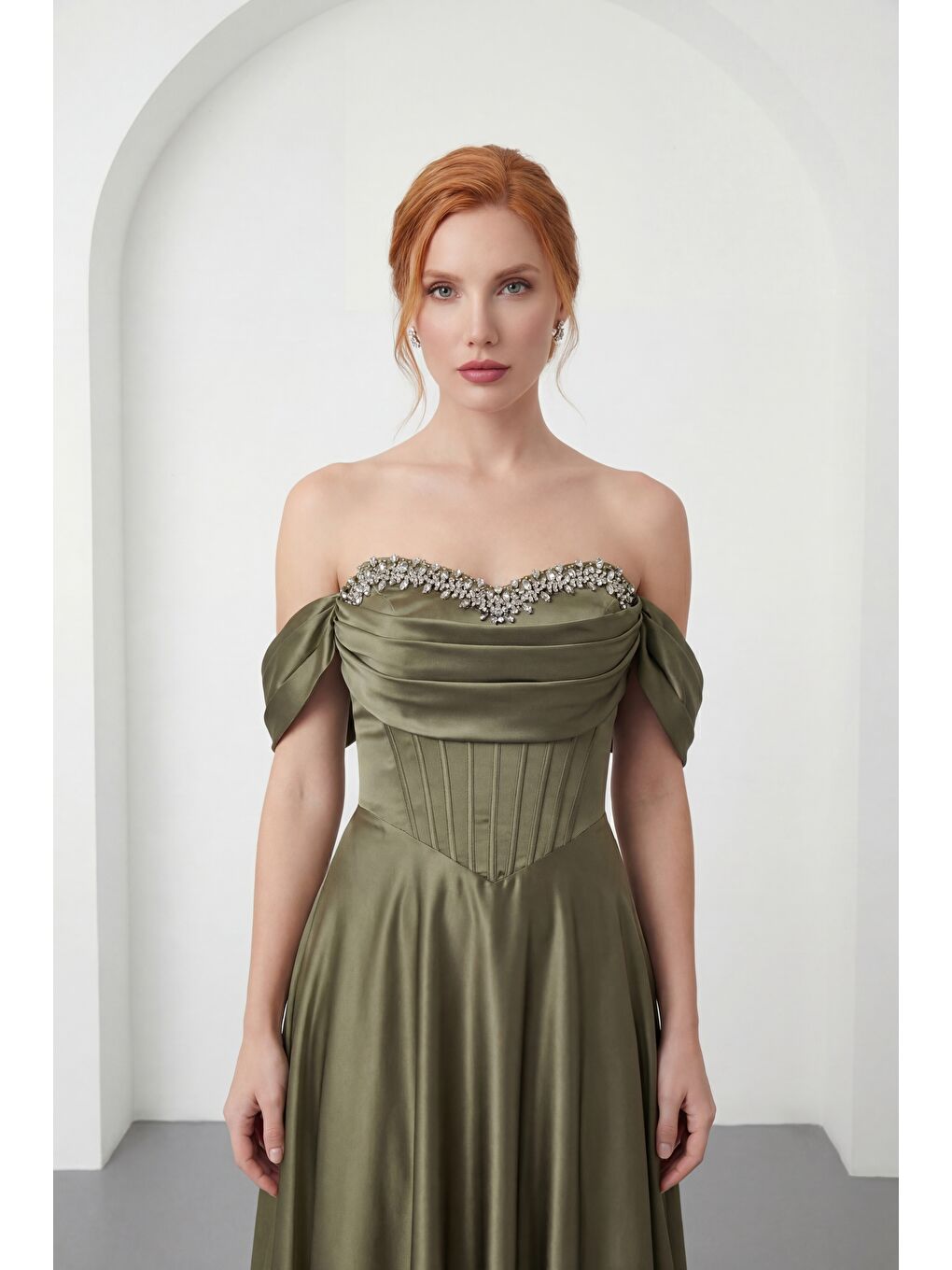 Kadın Haki Kayık Yaka Taşlı Uzun Söz Nişan Nikah Abiye Elbise-2