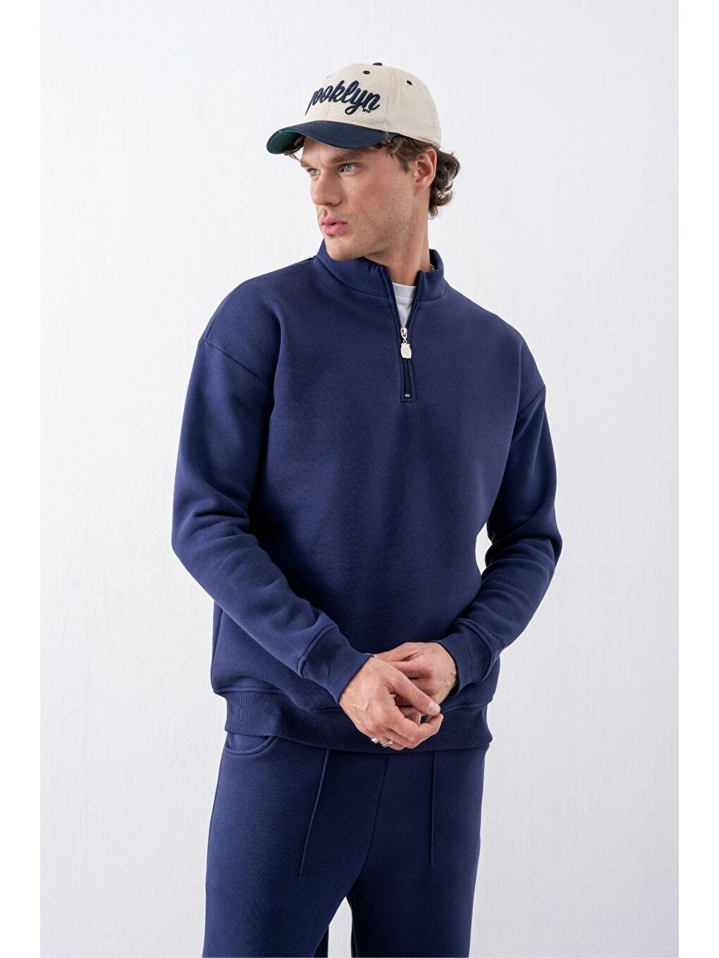 Erkek Lacivert Fermuarlı Oversize Sweatshirt-1