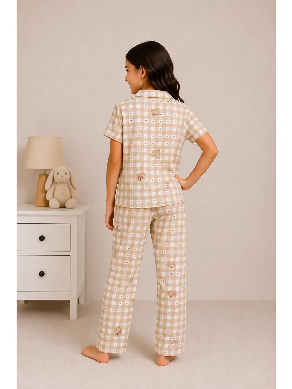 Kahverengi Desenli Kız Çocuk Pijama Takımı 9928-1