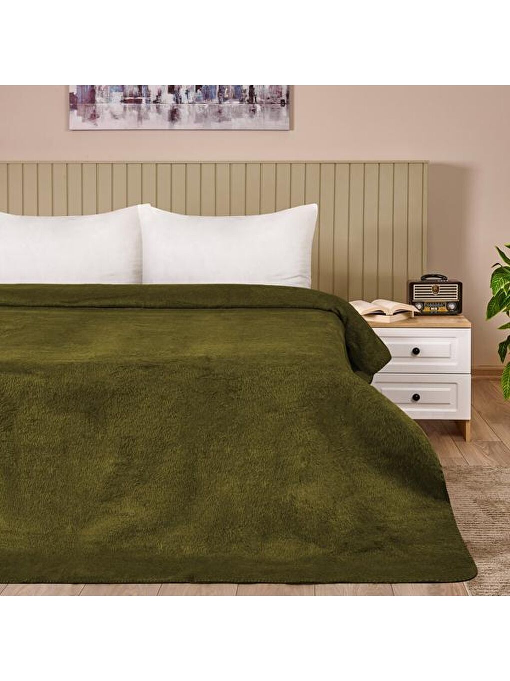 Soft Çift Taraflı Çift Kişilik Battaniye - Yeşil / Bej - 200x220 cm