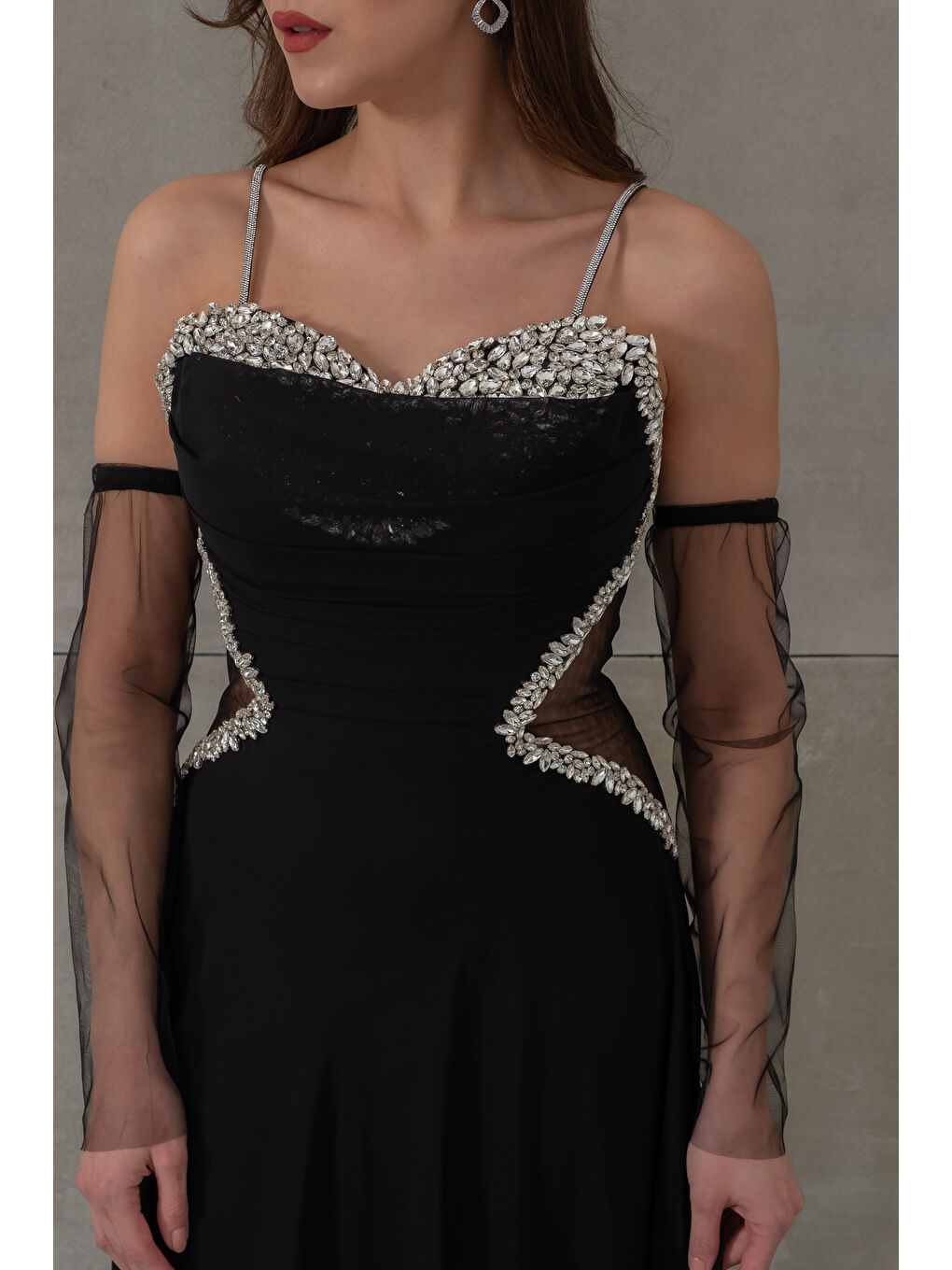 Kadın Siyah Taşlı Şifon Uzun Abiye Elbise-3