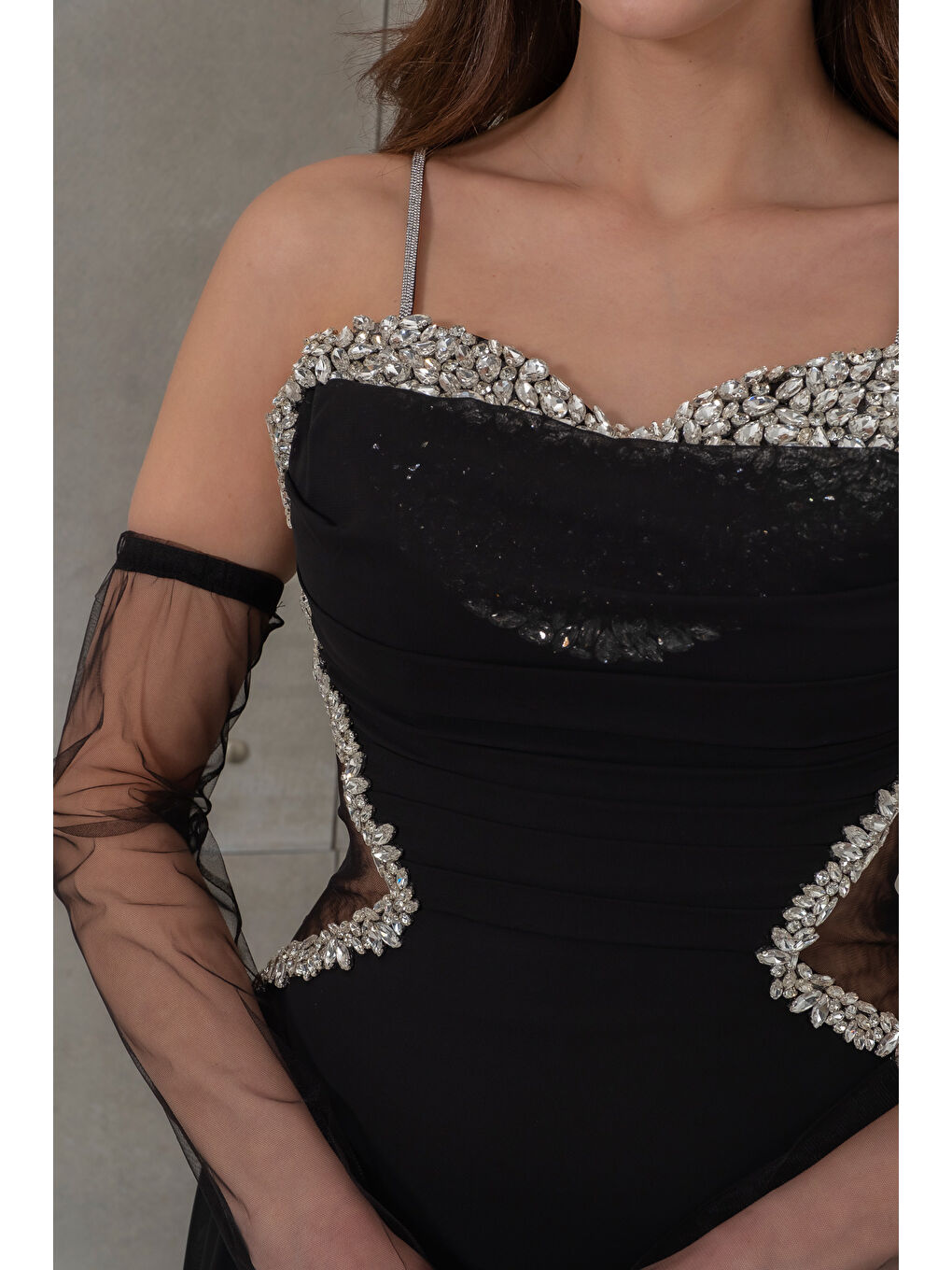 Kadın Siyah Taşlı Şifon Uzun Abiye Elbise-4