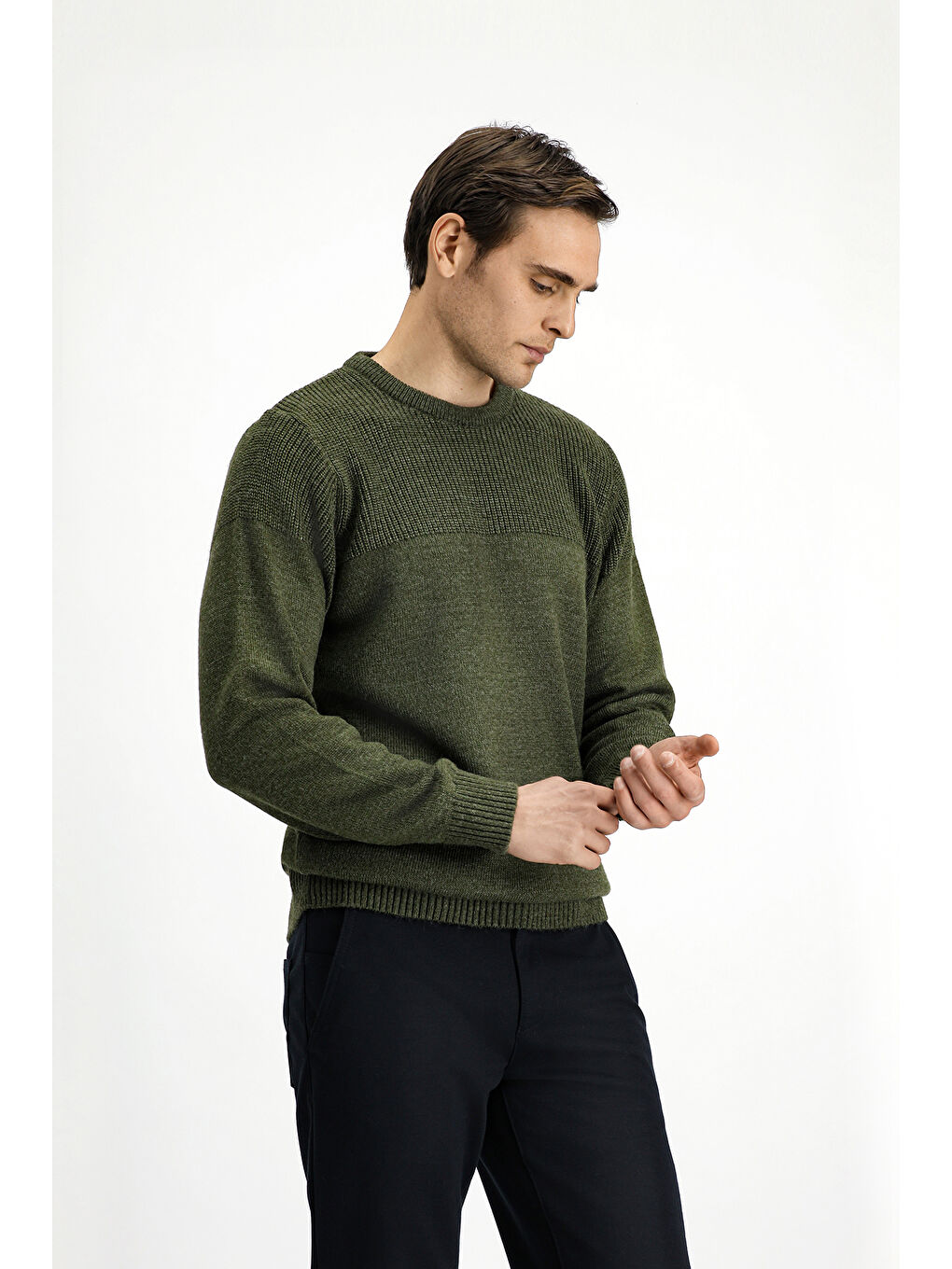 Haki Bisiklet Yaka Regular Fit Desenli Triko Büyük Beden Kazak-1