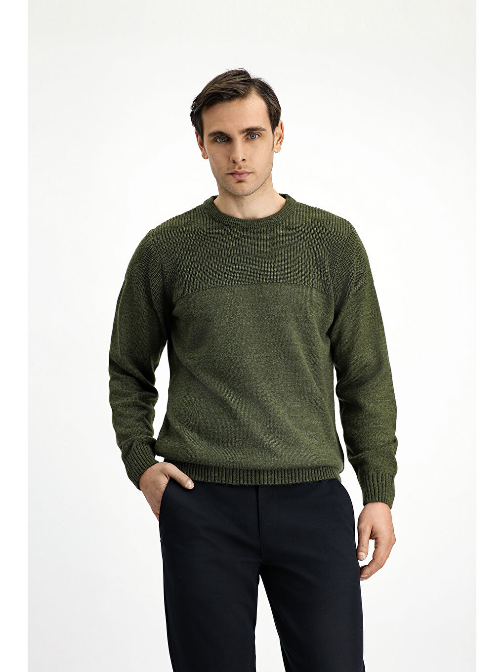 Haki Bisiklet Yaka Regular Fit Desenli Triko Büyük Beden Kazak