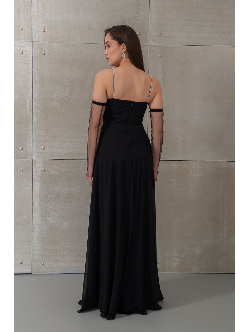 Kadın Siyah Taşlı Şifon Uzun Abiye Elbise-5