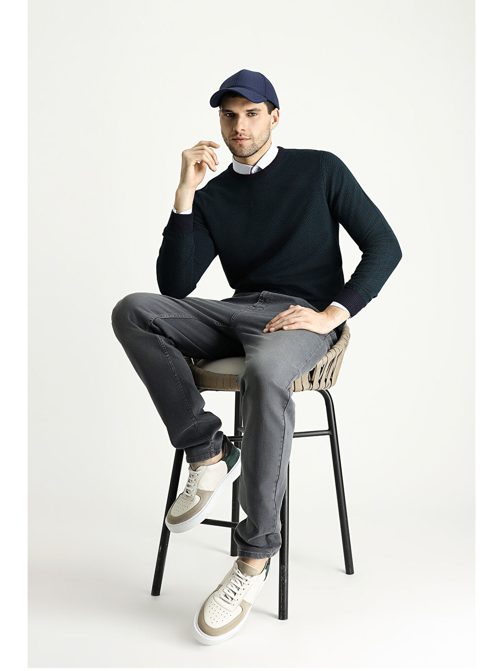 Lacivert Bisiklet Yaka Slim Fit Dar Kesim Desenli Triko Kazak