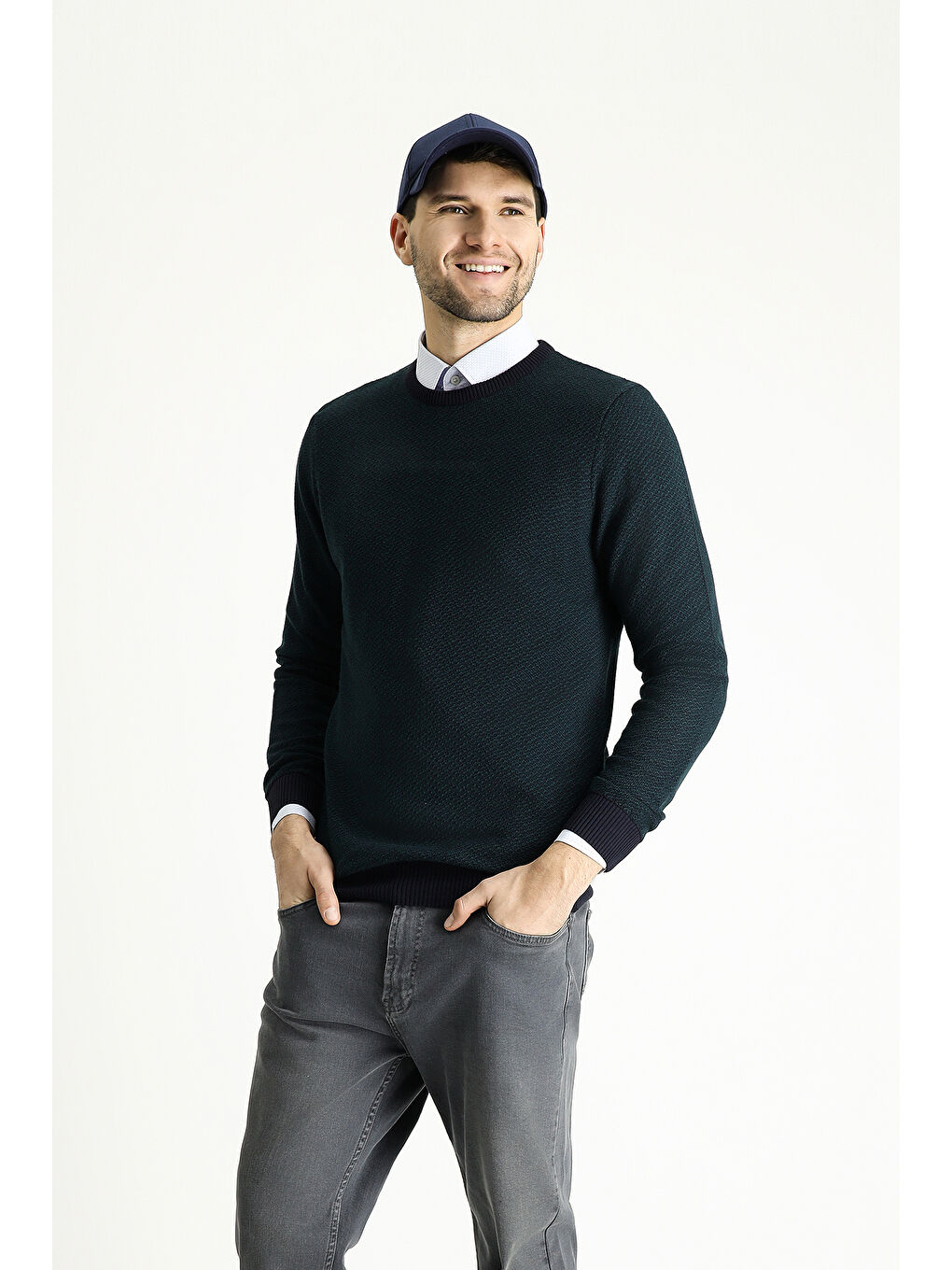 Lacivert Bisiklet Yaka Slim Fit Dar Kesim Desenli Triko Kazak-1