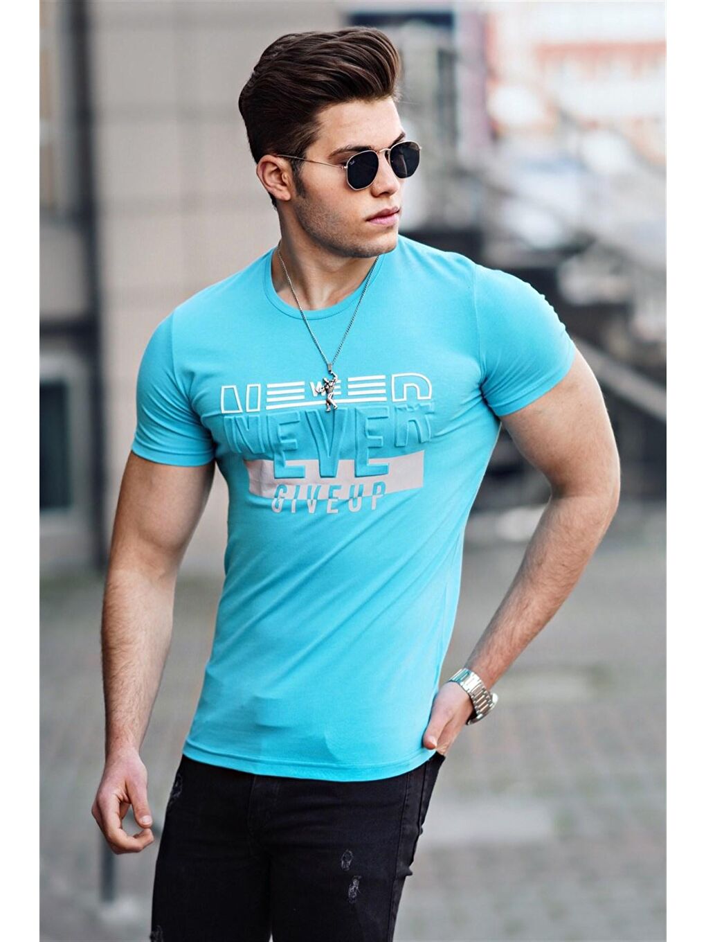 Gofraj Baskı Turkuaz Erkek Tişört 4594