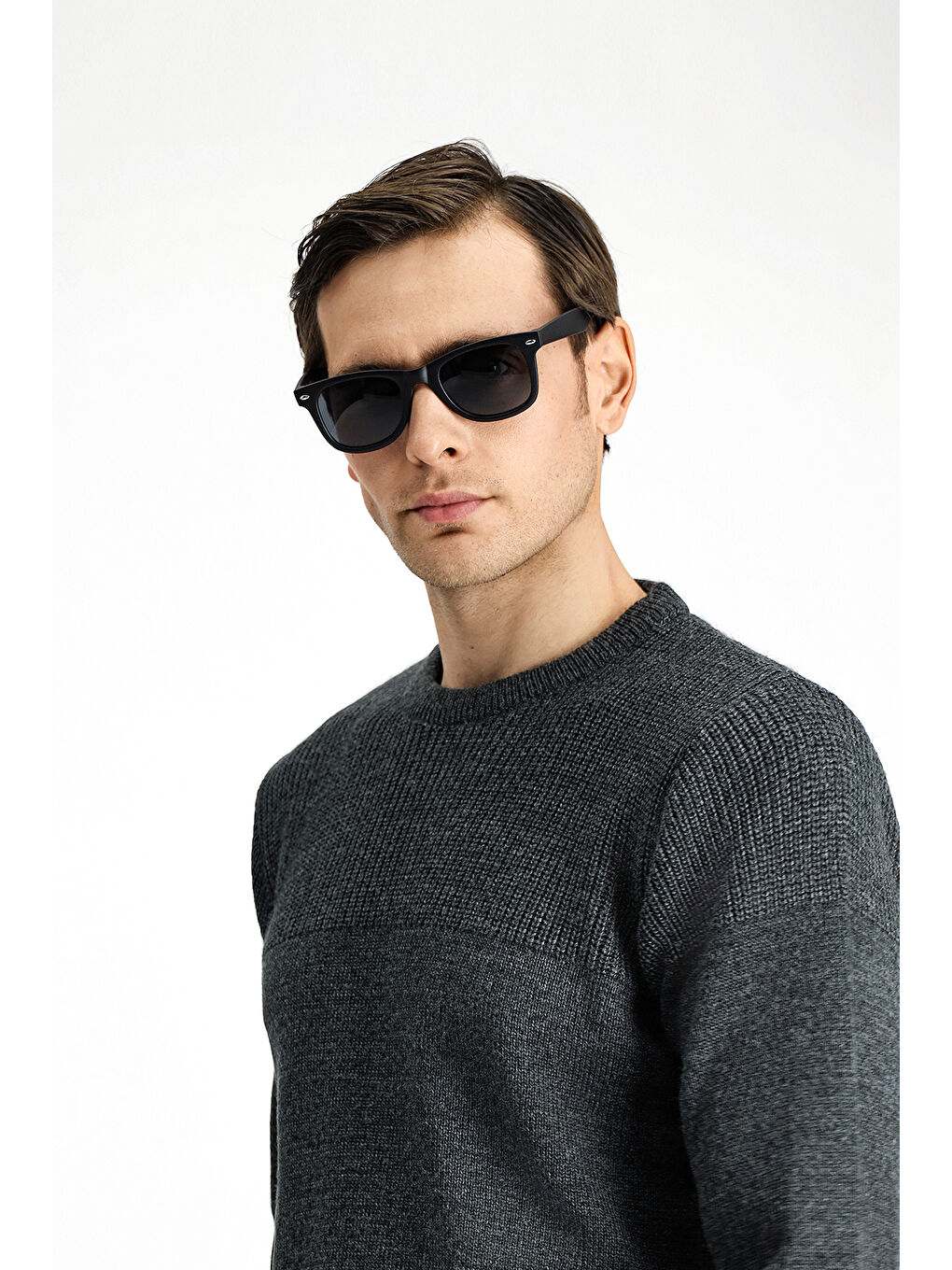 Antrasit Bisiklet Yaka Regular Fit Desenli Triko Büyük Beden Kazak-1