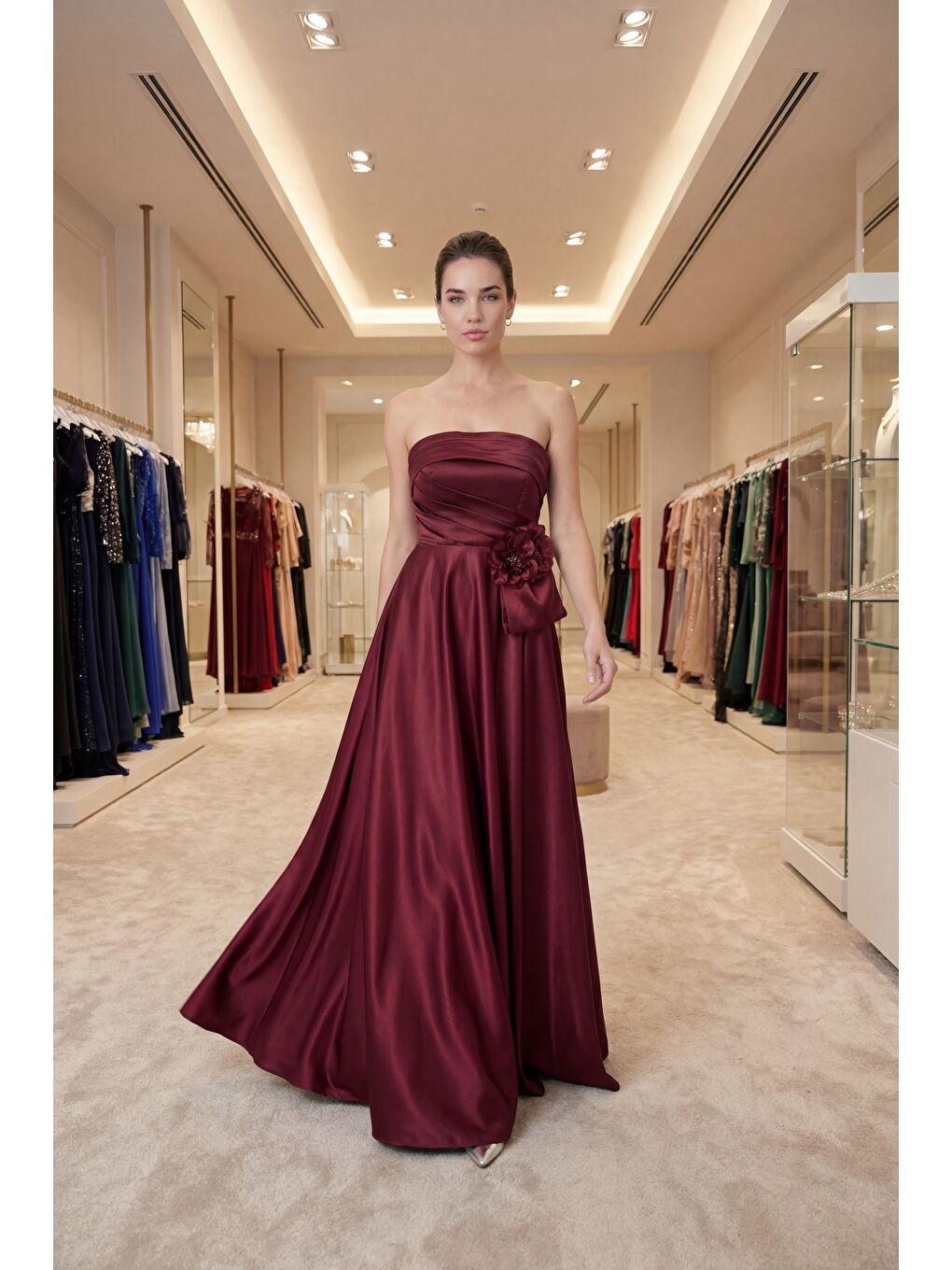 Kadın Bordo Straplez Yaka Çiçek Detaylı Uzun Söz Nişan Nikah Abiye-4