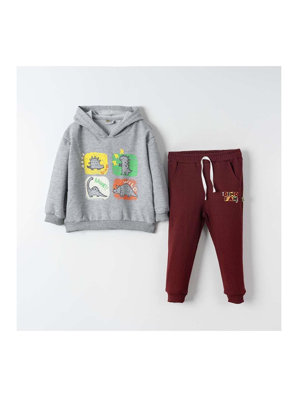 Mışıl Kids Gri-Bordo Dino Fam Baskılı Erkek Çocuk Sweatshirt Eşofman Takımı