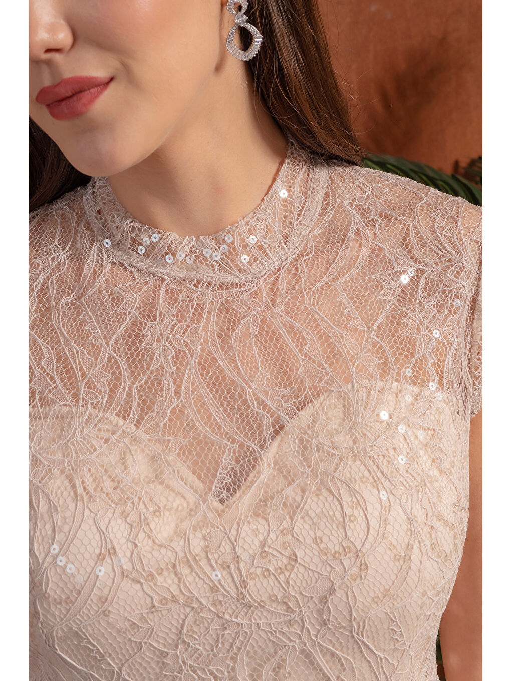 Kadın Bej Kısa Kollu Payetli Midi Kloş Söz Nişan Nikah Abiye Elbise-4