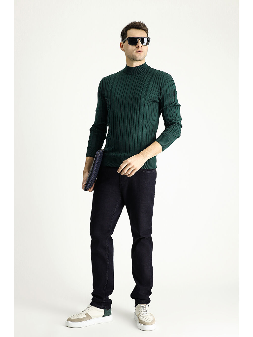 Petrol Bato Yaka Slim Fit Dar Kesim Desenli Triko Kazak-1