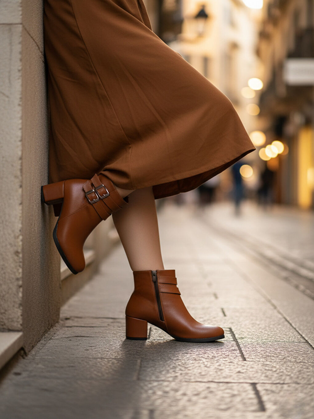 Kahverengi Kadın Hermina Çift Tokalı Taba Cilt Kısa Bot-1