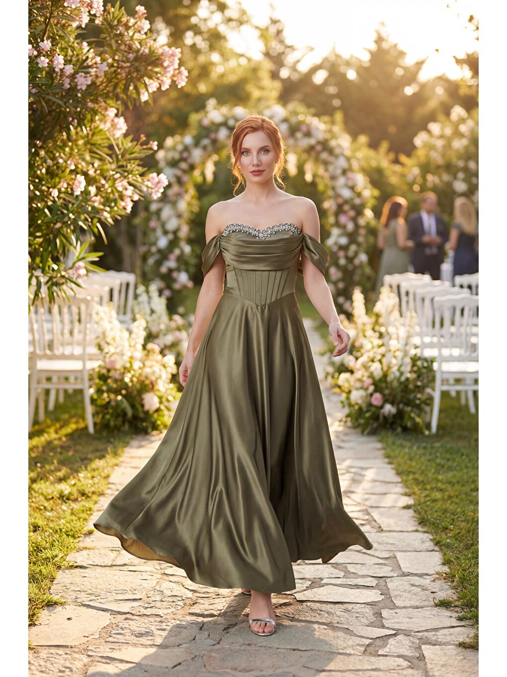 Kadın Haki Kayık Yaka Taşlı Uzun Söz Nişan Nikah Abiye Elbise-4