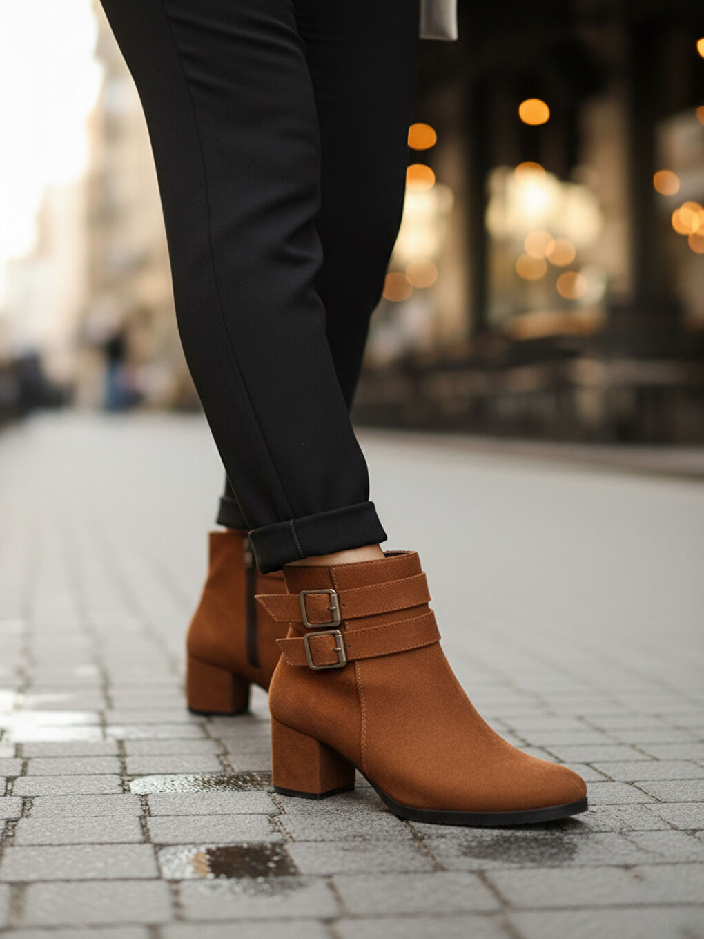 Kahverengi Kadın Hermina Çift Tokalı Taba Süet Kısa Bot